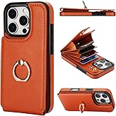 Folosu Compatible with iPhone 16 Pro Case Wallet with Card Holder, 360°Rotation Finger Ring Holder Kickstand, RFID Blocking Leather Protective Double Buttons Shockproof Cover 6.3 Inch Brown