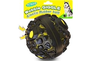 MITAIKO Dog Toy Ball for Aggressive Chewers, Interactive Fetch Dog Ball with Fun Squeaky Wobble Giggle Sound, Durable for Small Medium Large Dogs, Non-Toxic Rubber Pet Chew Toys, Black & Yellow