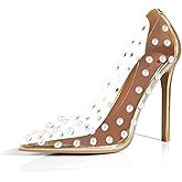 iadore Women's Pumps,11cm Pointed Toe Women High Heel Shoes Fashion Pearl Studded PVC Clear Heels Party Dress Pump Shoes