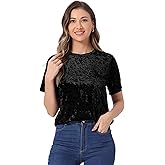 Allegra K Casual Velvet Top for Women's Solid Round Neck Short Sleeve T-Shirt