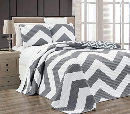 Chezmoi Zoe 2-Piece Chevron Zig Zag Quilted Bedspread Set, Gray