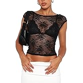 Sheer Mesh Short Sleeve Tops for Women Mock Neck Floral Lace Tshirt See Through Tee Shirt Sexy Going Out Tops