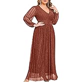 ZOMVA Plus Size Maxi Formal Dress Sparkly V-Neck A-line Ruffle Sleeves Evening Gown Cocktail Prom Lace