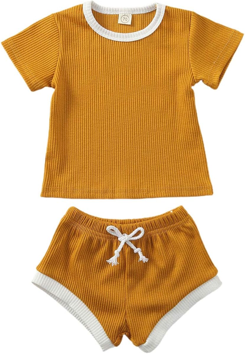 Newborn Baby Boys Girls Summer Outfits Infant Ribbed Knitted Cotton Short Sleeve T-Shirt + Shorts Two Piece Clothes Set