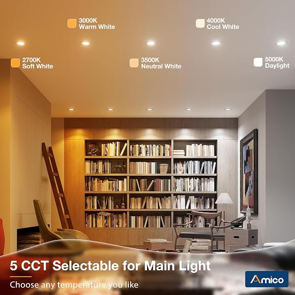 AMICO 12 PACK 6 INCH 5CCT LED RECESSED LIGHTING WITH NIGHT LIGHT, 12.5W=100W, 1000LM CAN LIGHTS WITH BAFFLE TRIM, DIMMABLE, RETROFIT DOWNLIGHT, 2700K/3000K/3500K/4000K/5000K SELECTABLE – ETL & FCC