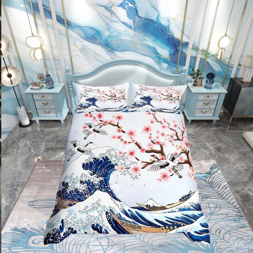 Loussiesd Cherry Blossoms Bedding Set Chic Crane Duvet Cover for Kids Girls Women Ocean Wave Decor Comforter Cover Pink Japanese Ukiyoe Bedspread Cover with 2 Pillowcase 3Pcs Bedding Double — image 1