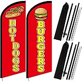 HunnmingRe 2 Set Hot Dogs Banner and Burgers Feather Flag Pole Kits, Advertising Swooper Flag with Pole and Ground Stake for Business, Restaurant, Outside Ground(7 ft)