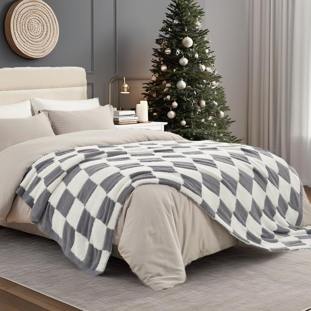 Snuggle Sac Faux Fur Checkered Blanket Twin Size with Soft Knitted Microfiber Fabric,Cozy Soft Warm Blanket for Sofa Bedroom Living Room,Grey Checker,60x80 inches Image