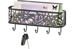 mDesign Wall Mount Metal Entryway Storage Organizer Mail Sorter Basket with 5 Hooks - Letter, Magazine, Coat, Leash and Key Holder for Entryway, Mudroom, Hallway, Kitchen, Office - Matte Black