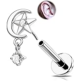 OUFER 18G Gold Helix Piercing Jewelry, G23 Solid Titanium Flat Back Push Pin Forward Helix Earrings, Moon Star Shiny Clear CZ Dangle Labret Lip Cartilage Conch Tragus Piercing Jewelry For Women Men