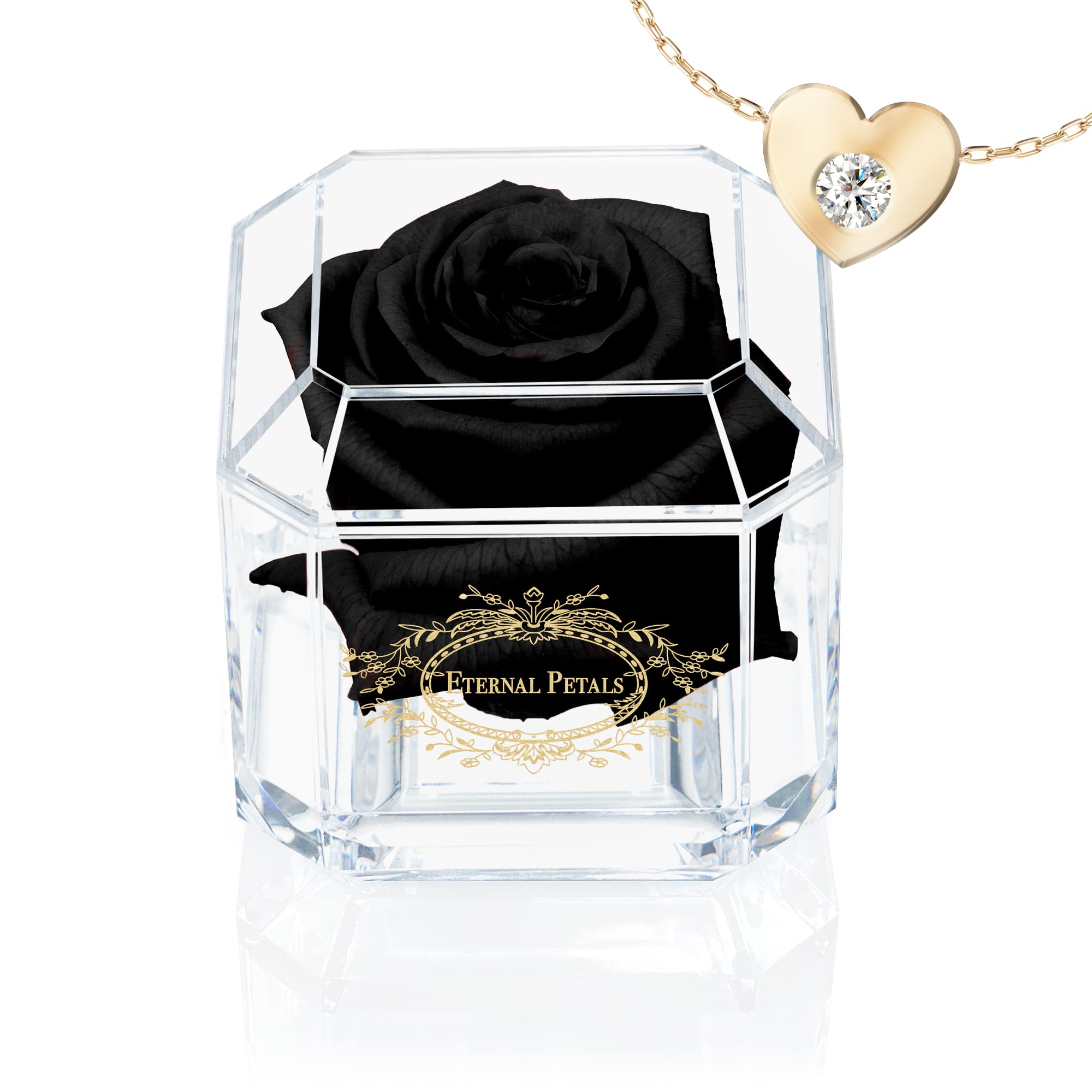 Eternal Petals A Real Rose That Lasts Years, Handmade in UK – Gold Solo with Gift Box, 18 ct Gold plated Heart Necklace with Clear Crystal and Love Message Greeting Card (Black)