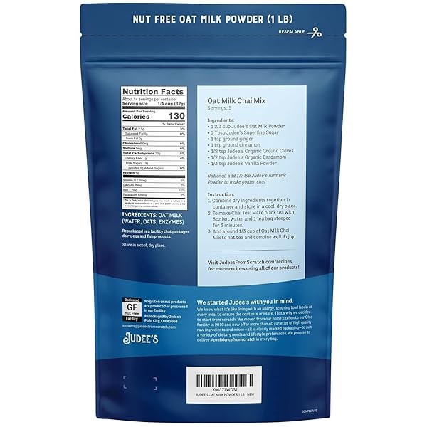 JUDEE’S OAT MILK POWDER 1 LB – VEGAN, NON-GMO, SOY-FREE, GLUTEN-FREE, AND NUT-FREE – DAIRY ALTERNATIVE – USE FOR BAKING – BLENDS WELL IN SHAKES AND SMOOTHIES – ADD TO YOUR FAVORITE COFFEE AND DRINKS