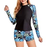 ATTIQOZI Long Sleeve Rash Guard Swimsuit for Women Two Piece Bathing Suit with Boyshorts Swimming Suits for Women