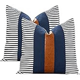 Vfuty Set of 2 Boho Decorative Throw Pillow Covers 18x18 Inch Farmhouse Stripe Pillow Case,Faux Leather Modern Cushion Cover for Living Room Couch Bed Natural Decor Navy Blue and Brown