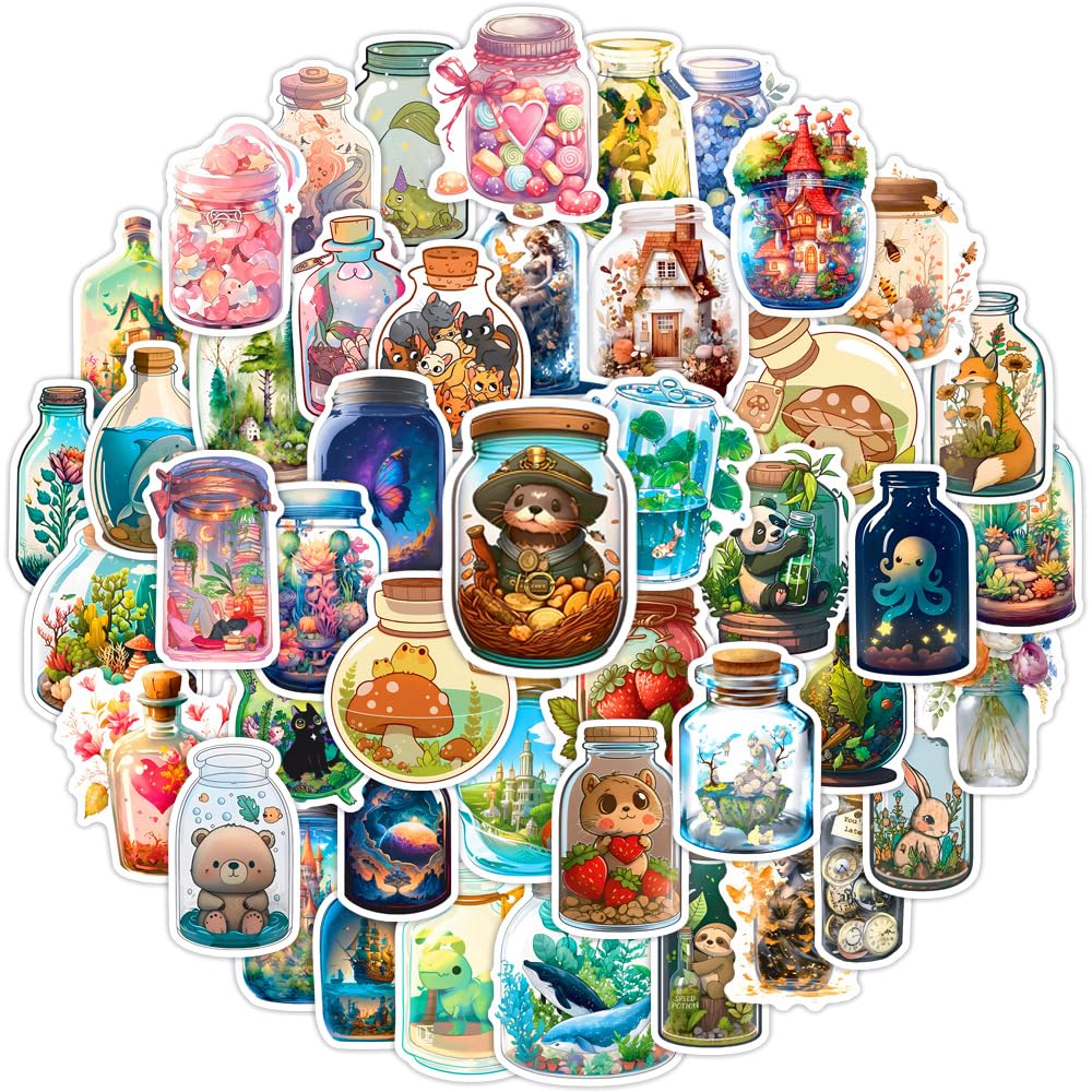 50Pcs Bottle World Stickers Laptop Car Scrapbook Phone Skateboard Suitcase Luggage Bike Bottle World Stickers Vinyl Waterproof Aesthetic Personalised Stickers for Teens Boys Girls Adults Children