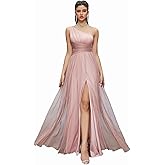 MIMIFINA Women's Glamorous One Shoulder Sparkly Tulle Long Evening Dress with High Slit Waist Cinching for Weddings Party