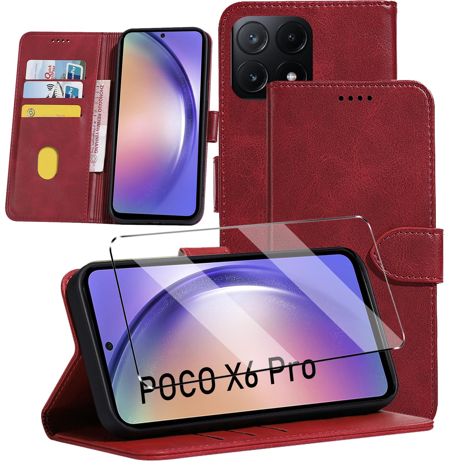 2-in-1 Case Compatible with Xiaomi POCO X6 Pro 5G Leather Phone Case, Wallet Case Cover [Card Slots] [Kickstand] Magnetic Closure Full Protection Book Folio Design wallet flip phone case - Red