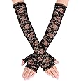 Women's Long Lace Fingerless Elbow Length Floral Gloves for Wedding, Opera, Tea Party