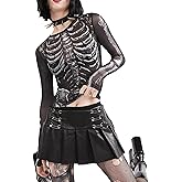 Women's Halloween Fitted Crop Tops Mesh Skeleton Skull Print Tops Long Sleeve Mesh Going Out Tops Clubwear