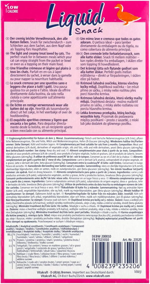 Vitakraft Cat Liquid Snack Duck with Beta Glucans 6 x 15 g (Pack of 11), 90 g (Pack of 11) - Image 4