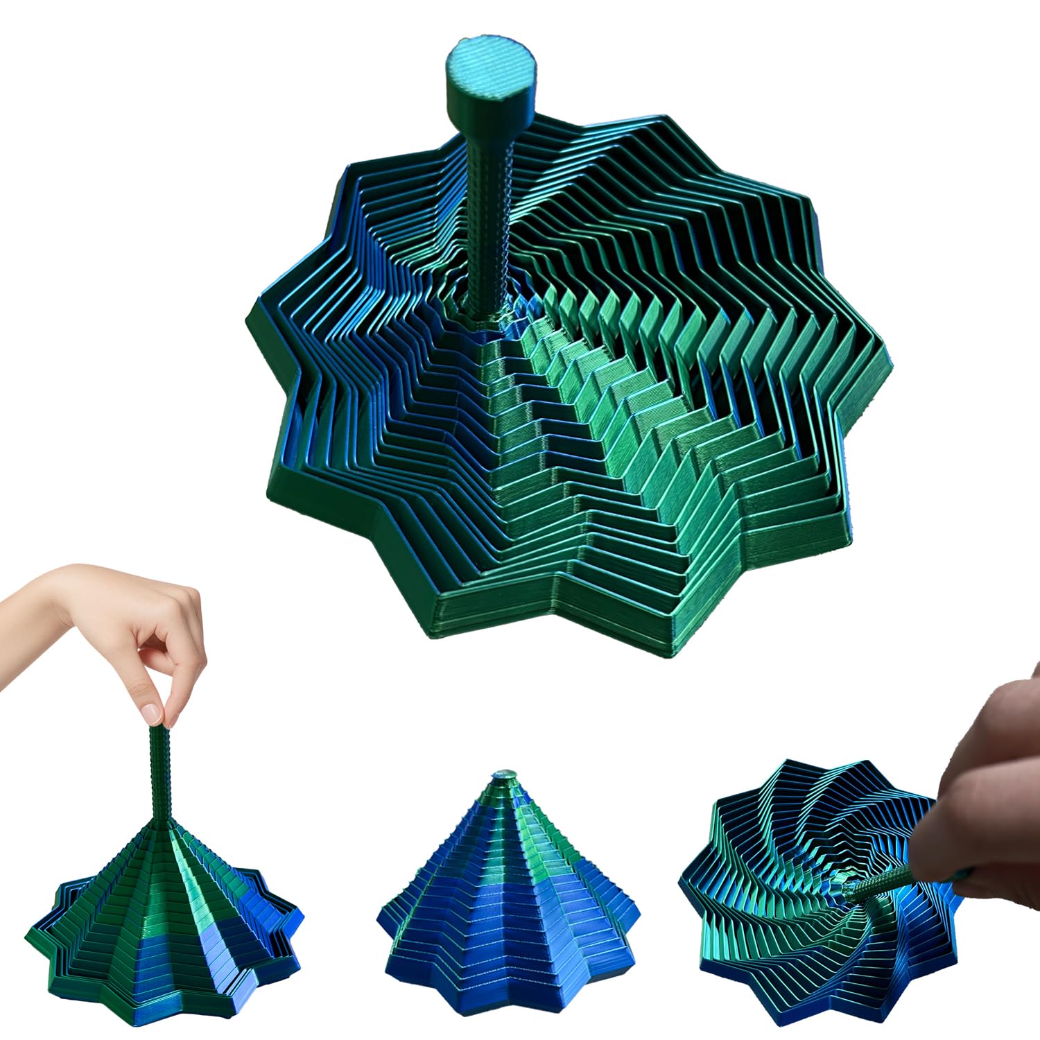 Photo 1 of 3D Printed Expanded Sensory Fidget Star,Transformable Stress Relief Finger Toy with Detachable Handle,for Office desks as a Stress-Relief Gifts,ADHD & Stress Relief (Blue Green-Detachable Handle)