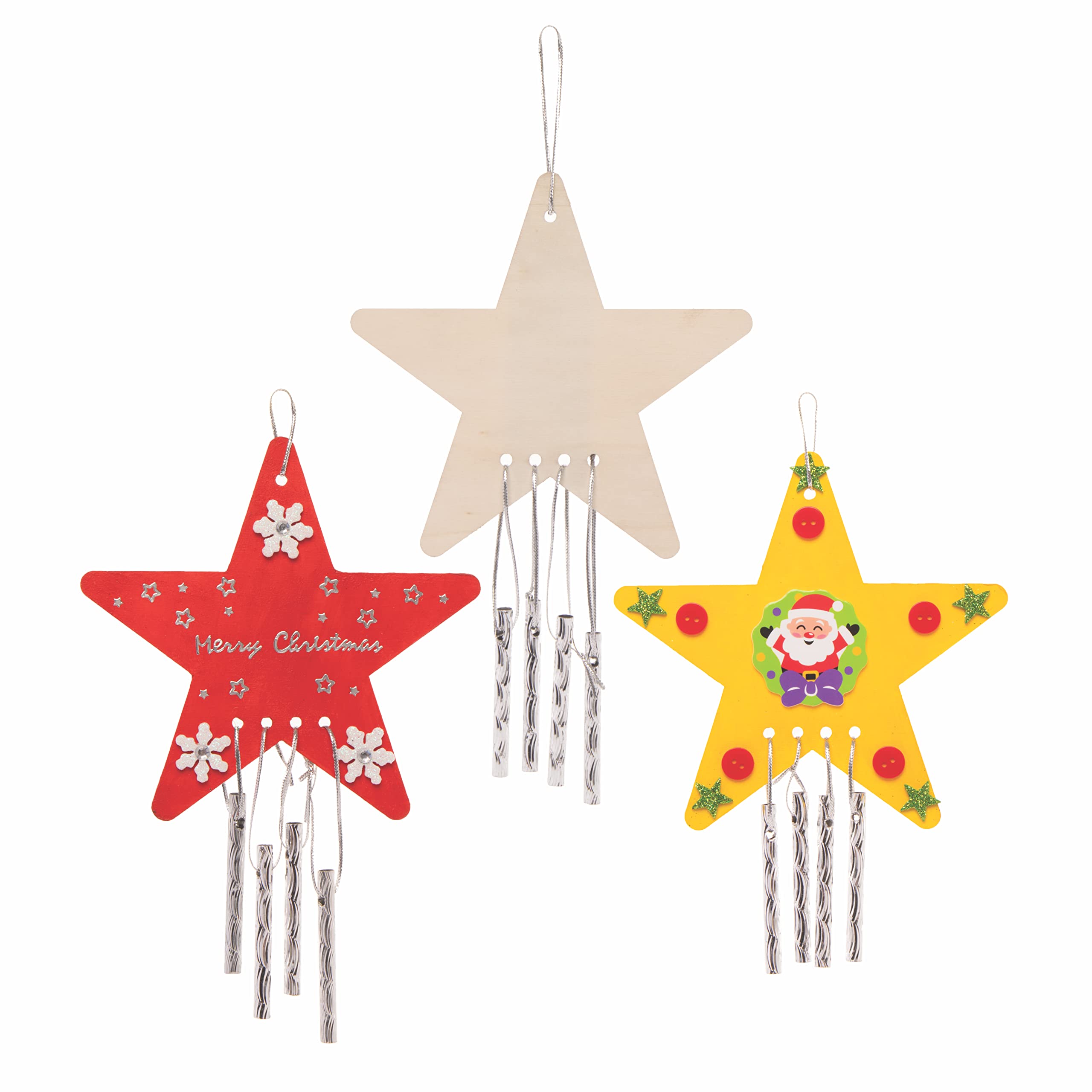 Baker Ross FE760 Star Wooden Winchimes - Pack of 4, Wooden Crafts to Make and Decorate, Wind Chimes for Children, Garden Ornaments for Outdoors