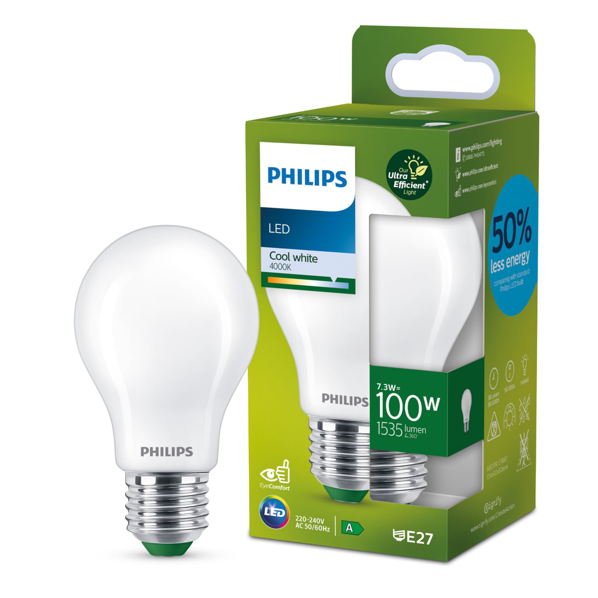 Philips Ultra Efficient - Ultra Energy Saving Lights, LED Light Source, 100W, A60, E27, Cool White 4000 Kelvin, Frosted — image 1
