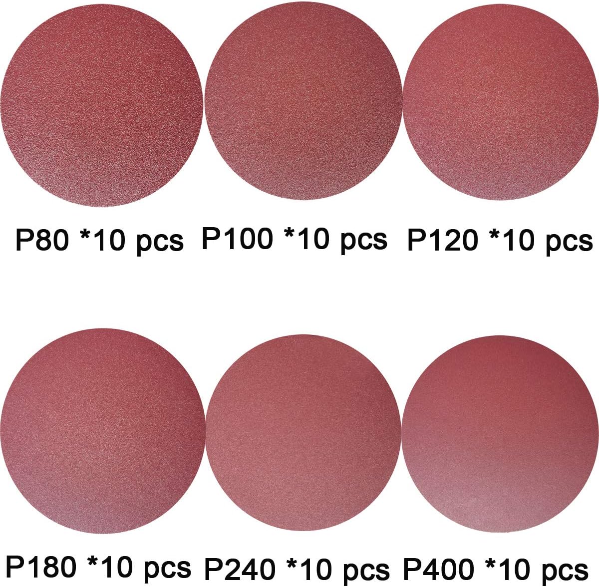 Sackorange 60 PCS 5-Inch NO-Hole PSA Aluminum Oxide Sanding Disc, Self Stick(10 Each of 80 100 120 180 240 400)(5 inch) - - 
