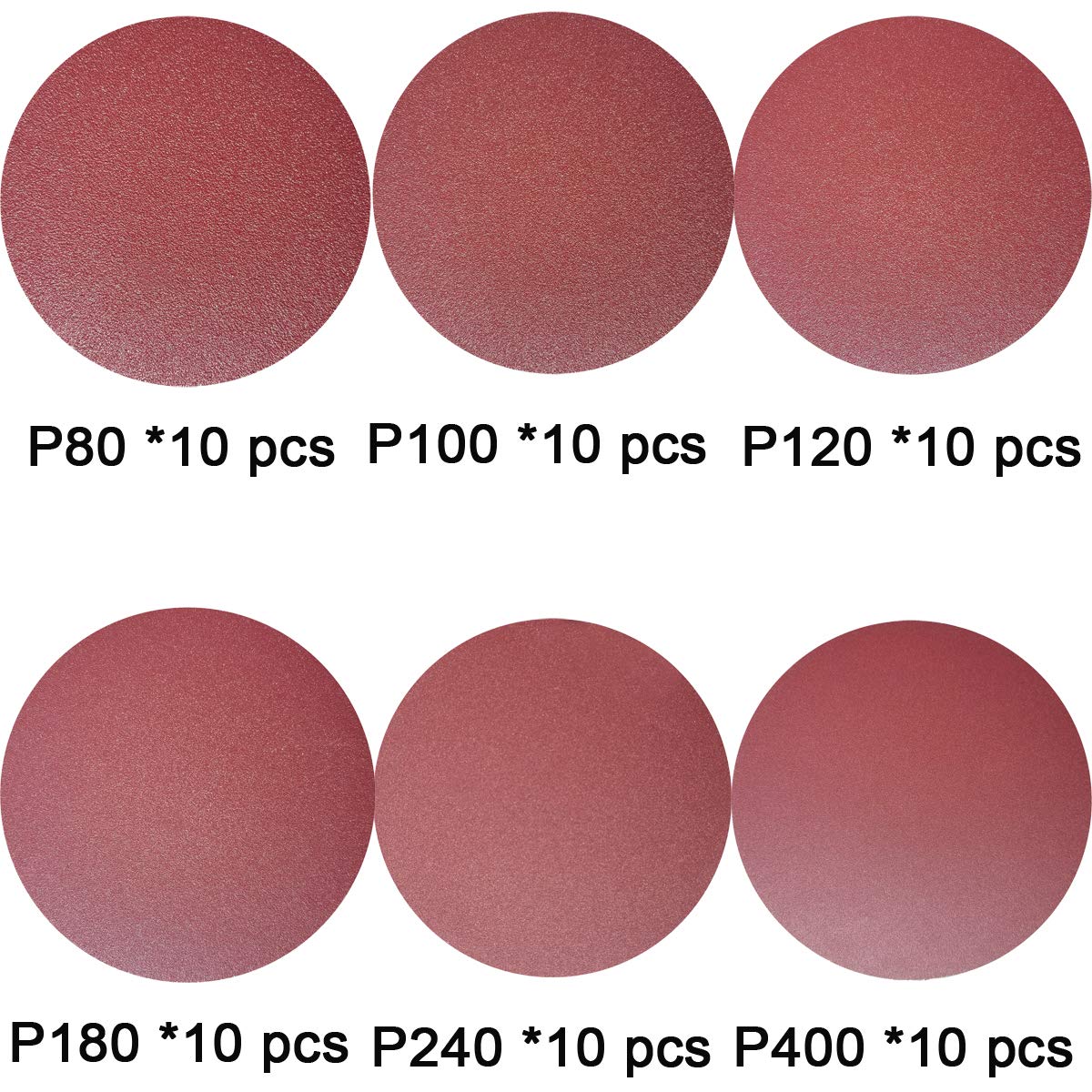 Sackorange 60 PCS 6-Inch NO-Hole PSA Aluminum Oxide Sanding Disc, Self Stick(10 Each of 80 100 120 180 240 400): Industrial & Scientific