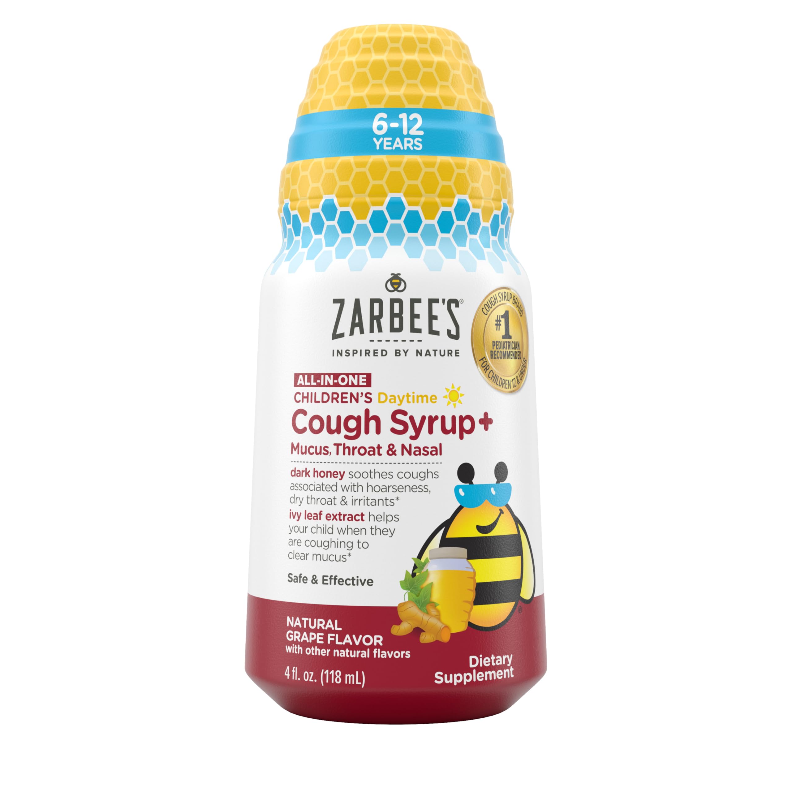 Zarbee's Children's Daytime All-in-One Honey Cough Syrup + Mucus, Throat & Nasal for Kids 6-12 + Dark Honey, Ivy Leaf Extract, Zinc Turmeric Root, & B-Vitamins, Drug-Free, Grape, 4 fl oz