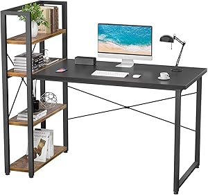 Foxemart Computer Desk with Storage Shelves Reversible Modern Writing Home Office Desks, Space-Saving Gaming Study Laptop Table Craft Work Desk with Bookshelf for Small Space, Black/Rustic Brown