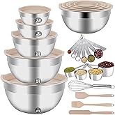 WEPSEN Mixing Bowls Set, 25PCS Khaki Mixing Bowls With Lids Set Stainless Steel Kitchen Large Nesting Metal Bowl 7QT to 1.5QT, Measuring Cups and Spoons for Prepping Cooking Serving