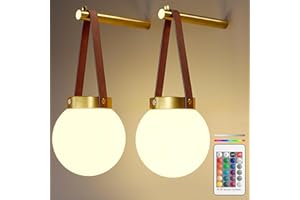 G-SAFAVA Battery Operated Wall Sconces Set of 2, Gold Wireless Globe Wall Lights with Remote Control Warm/Natural/Daylight/RGB 15 Colors Dimmable Rechargeable Wall Lamps Retro for Bedroom Living Room Hallway