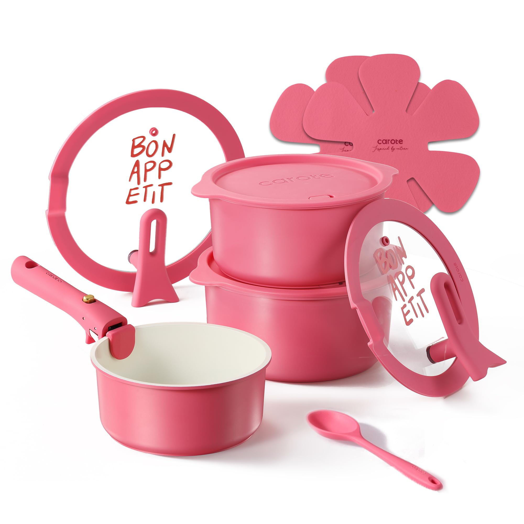 Photo 1 of CAROTE Ceramic Sauce Pan Sets with Stand-Up Lid 2QT& 3QT & 4QT, 11 Piece NonStick Kitchen Cookware Sets with Detachable Handle, Non Toxic Cooking Pot, Oven Safe, Induction Ready, Pink