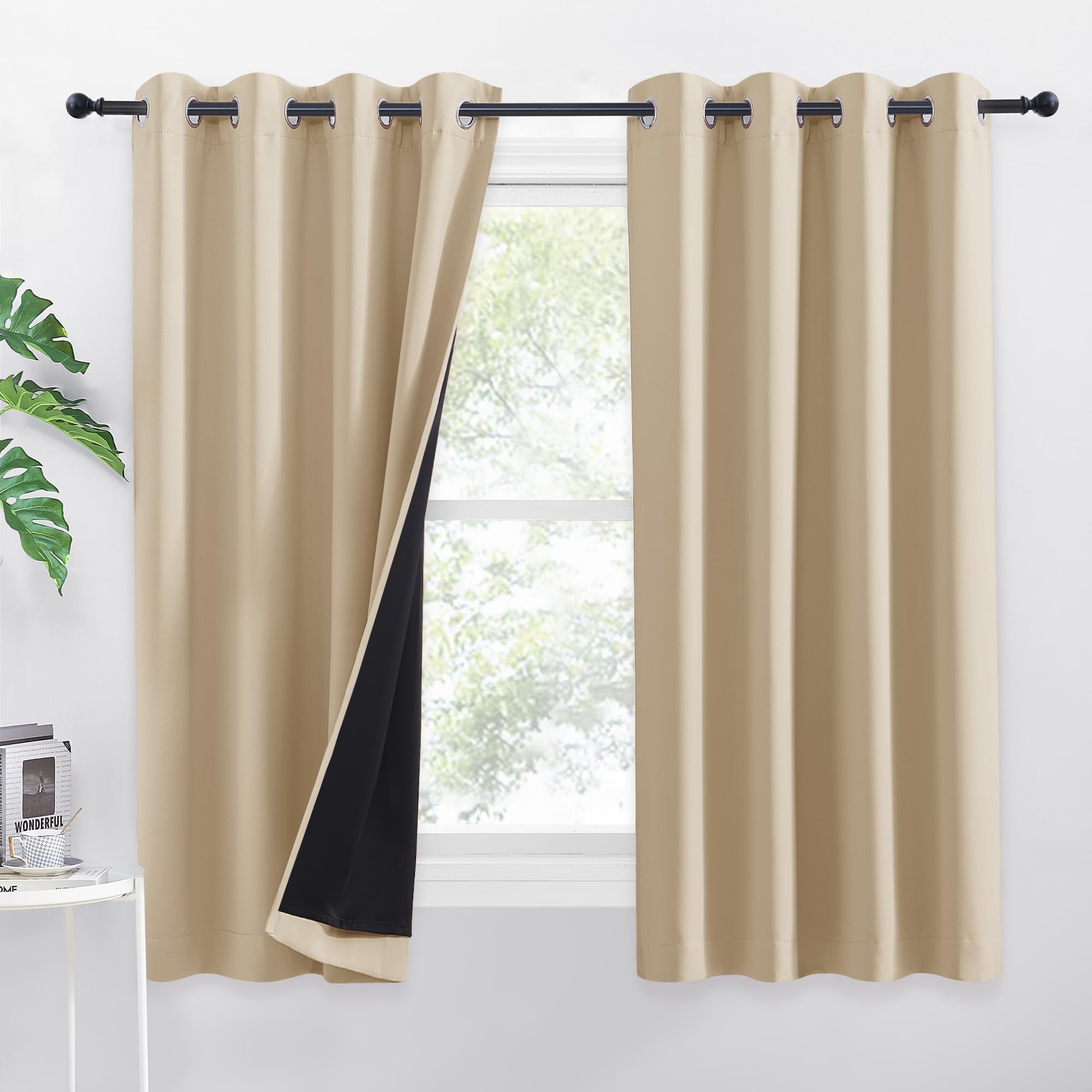 PONY DANCE 100% Blackout Curtains - Double-Layer Thermal Insulated 46x54 Inch Bedroom Curtains, Energy Saving & Noise Reducing, Biscotti Beige Eyelet Window Drapes (Set of 2 Panels)