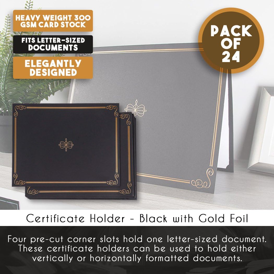 Certificate Holders, Diploma and Document Cover with Gold Foil Border, Letter Size Awards (Black, 11 x 8.5 in., 24 Pack) : Office Products