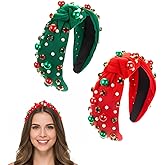 2Pcs Christmas Headband for Women, Pearl Knotted Headband Xmas Red Green Pearls Rhinestone Crystal Jeweled Hairband Fashion Ladies Wide Top Knot Hair Bands Headpiece Accessories Holiday Outfits Gifts