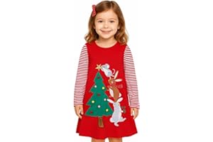 HILEELANG Little Girl Long Sleeve Dress Cotton Casual Applique Christmas Clothes