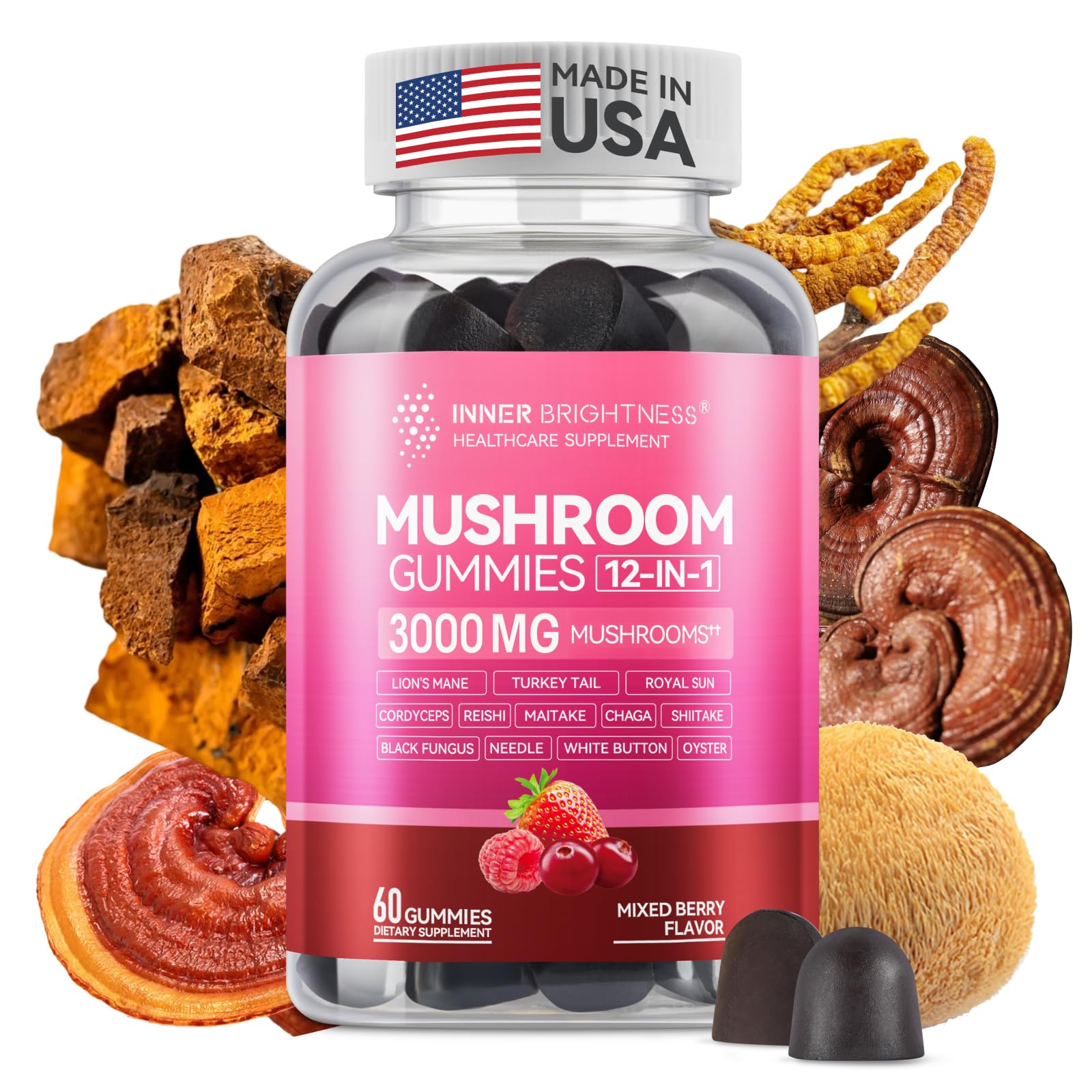 Photo 1 of ***BB 6/19/2027***Inner Brightness Mushroom Gummies for Adults 12-in-1, 3000mg Mushroom Supplement with Lion’s Mane, Reishi, Cordyceps, Mushroom Gummies for Focus and Energy - Mixed Berry Flavor, 60ct