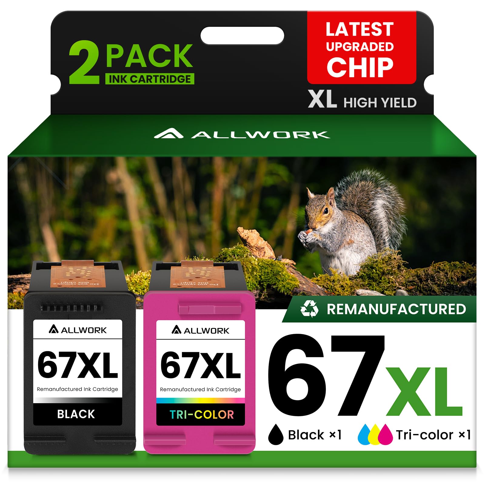 Photo 1 of 67XL Ink Cartridge Replacement for HP 67 XL Black Tri-Color Remanufactured for HP Ink 67 67XL for DeskJet 2755e 2700 2855e 2800 2752 2742e 4155e 4255e 4100 Envy 6055 6055e 6455e Printer (2-Pack)