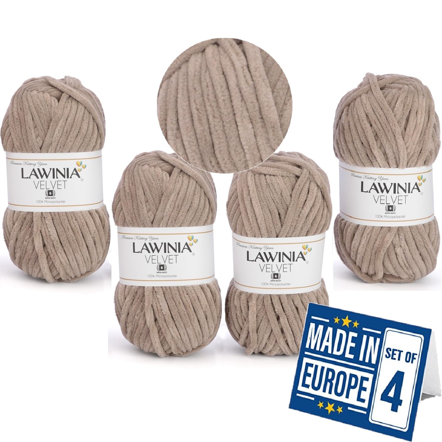 LAWINIA -Velvet Premium Soft Chenille Yarn Chunky, Velvet Yarn Crochet, Does NOT SHED, Plush Blanket Wool for Crochet, Thick Chunky Wool for Knitting, Pack of 4