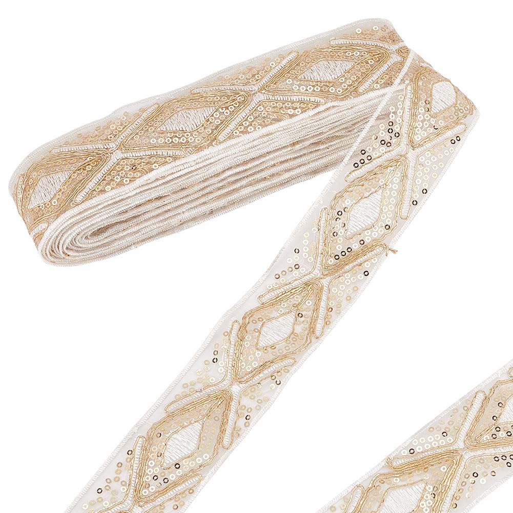 HOBBIESAY 10 Yards Jacquard Ribbon 2 Inch Polyester Embroidered Trim Rhombus Pattern Fabric Trim White Sequins Ribbons for Sewing Clothing Home Decor Wedding Bag Straps