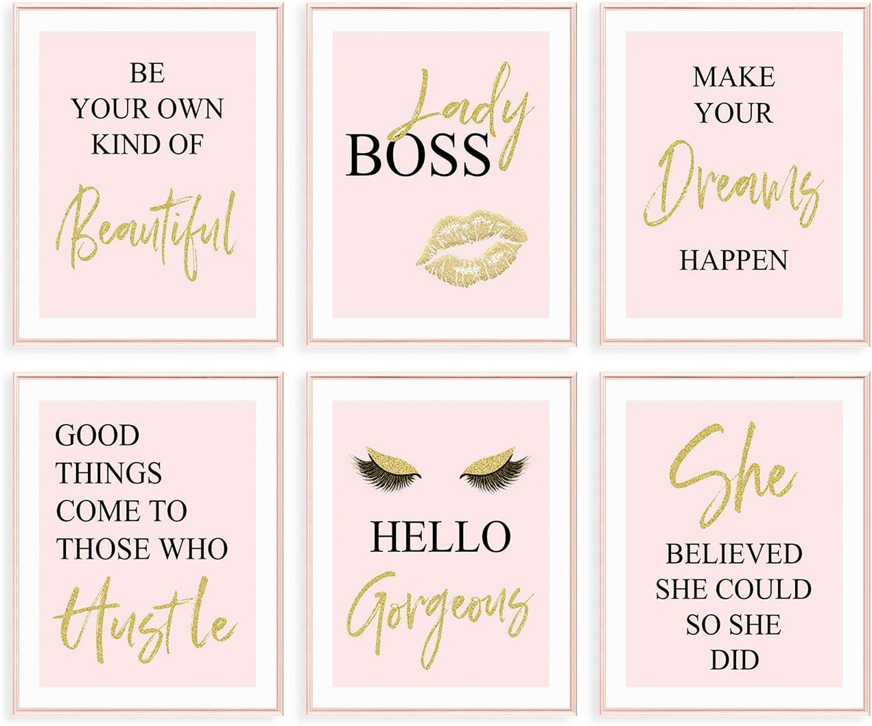 Wall Décor - GIFTSFARM Inspirational Wall Art, Bedroom Decor for Women, Pink Room Decor, Teen Girls Fashion Makeup Home Wall Decoration Picture Poster, Bathroom decor, Office Decor (Set of 6, 8X10in, Unframed)