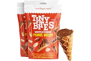 BeeMax Tiny Bites Crispy Mini Waffle Cones Treat - Premium Belgian Chocolate, 4.24 oz Bag - Bite-Size, Non-GMO, Perfect Snack, Desert or Ice Cream Topping (PEANUT BUTTER)
