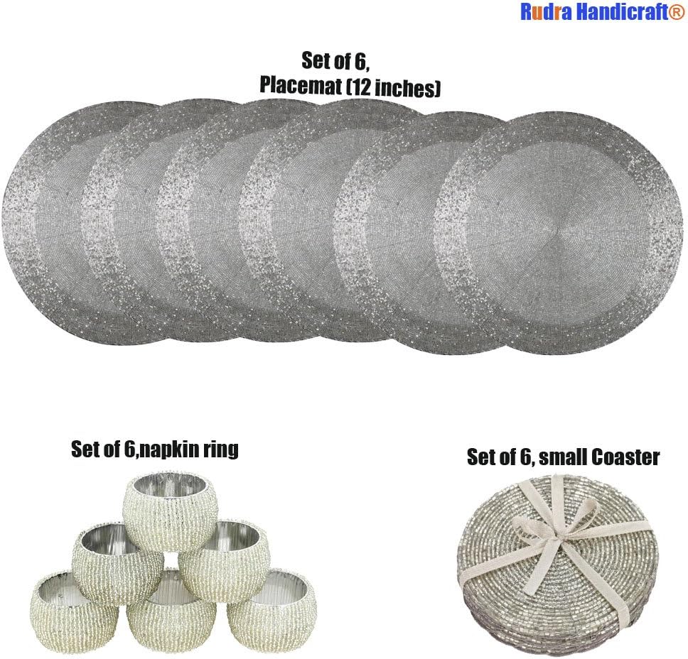 Beaded Round Ethnic Placemat / Tablemat(Dia - 12") with 6 Small tea cup coaster ( Dia - 4") and 6 napkin ring(Dia -1.5") for Christmas Gift, Tableware, Dinnerware, Decorative Item, Stylist Item , Gifts Purpose, dining accessories ,kitchenware and Kitchen Accessories