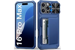 BXYJY for iPhone 16 Pro Max Case with Card Holder (4-5 Cards), Slide Camera Cover & Military Grade Protection, Shockproof Heavy Duty Rugged Women Men Wallet Phone Case for iPhone 16 Promax, Blue