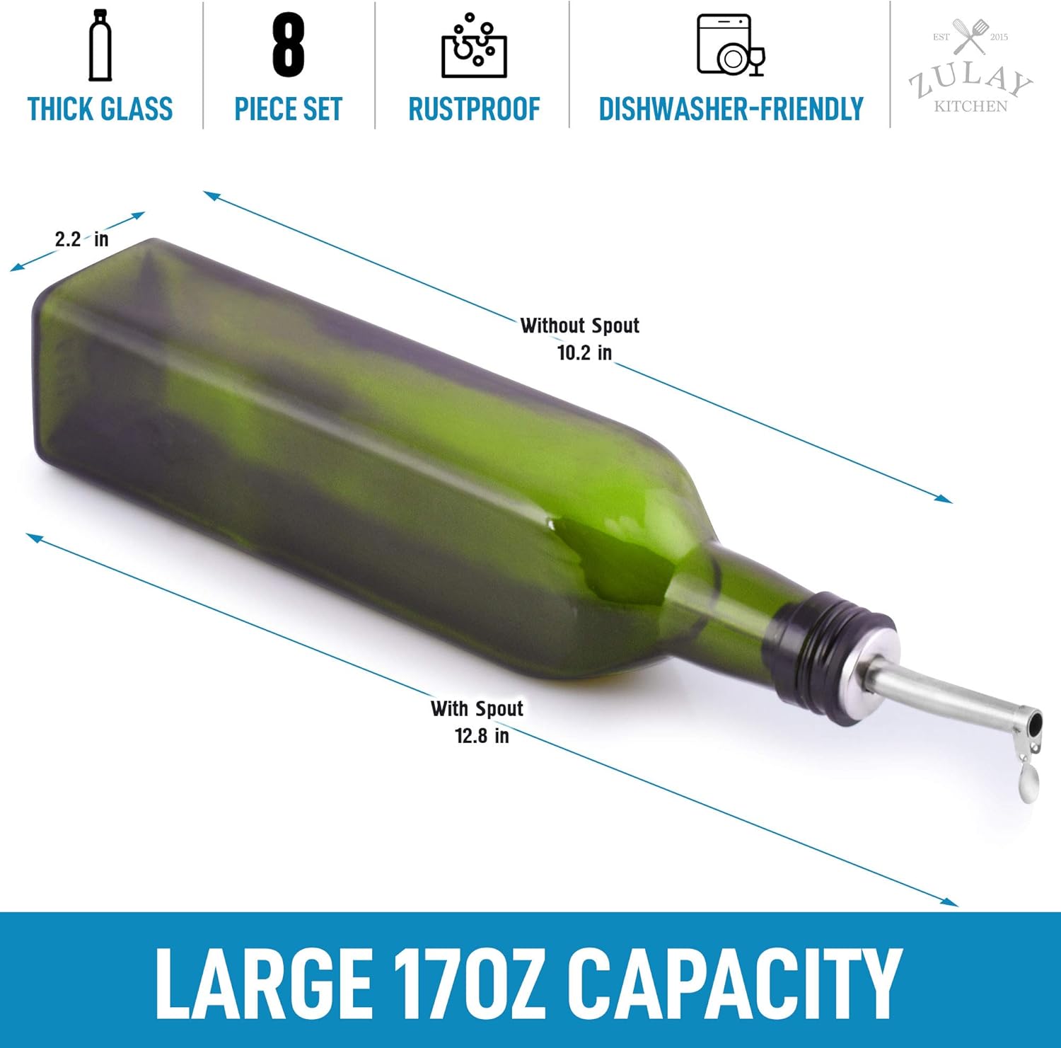 Zulay (17oz) Olive Oil Dispenser Bottle For Kitchen - Glass Olive Oil Bottle With 2 Spouts, 2 Removable Corks, 2 Caps, & 1 Funnel - Oil Bottle For Kitchen & Storing Liquids (Green Bottle): Kitchen & Dining