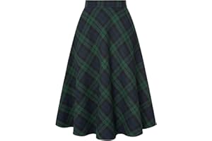 Belle Poque Women Plaid Skirt with Pockets Midi Length High Elastic Waisted Vintage A Line Fall Winter Skirts for Work