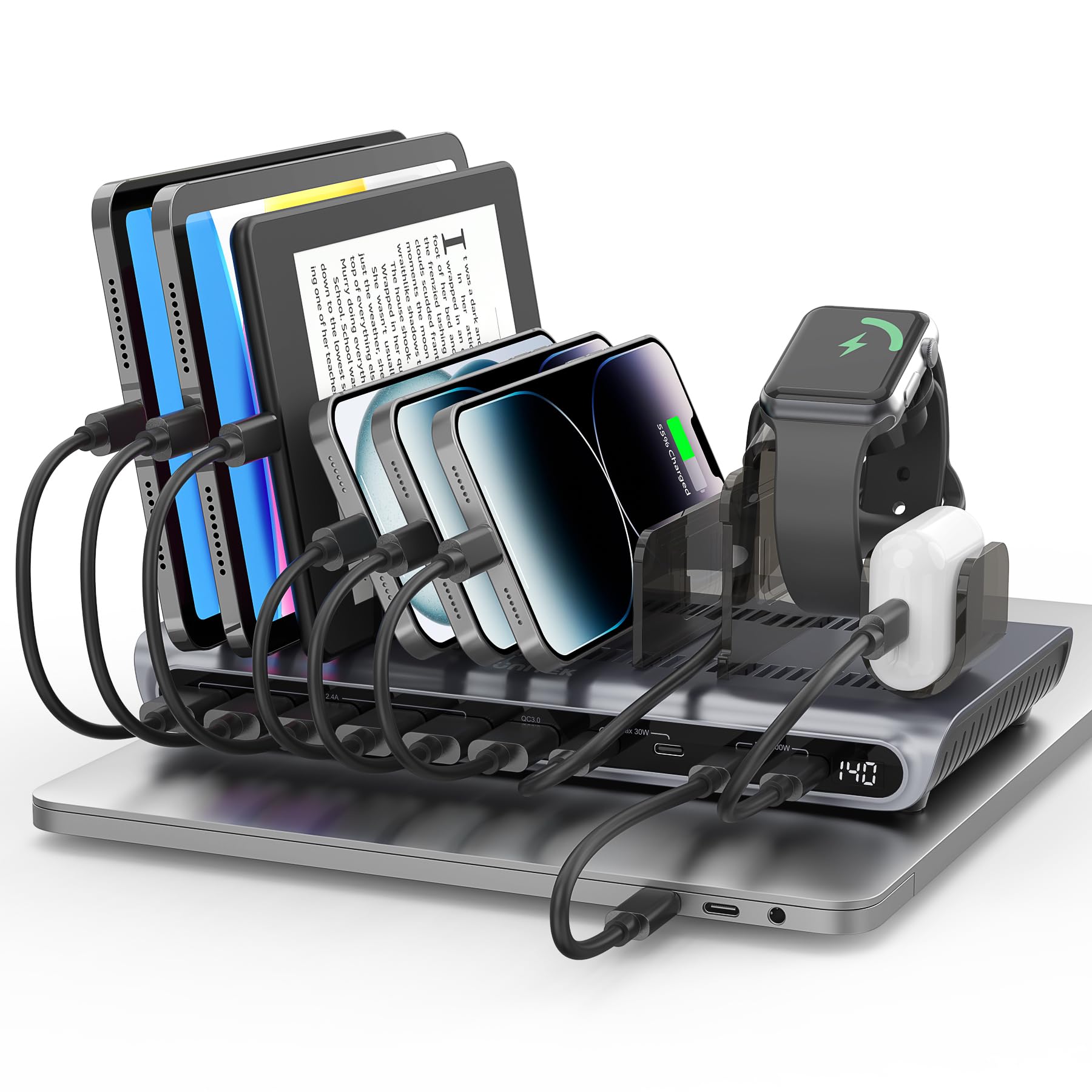 Photo 1 of Unitek Charging Station for Multiple Devices - 140W USB C Fast Charging Stand with Digital Display for Laptop iPad iPhone Charging Dock with Smartwatch & Airpods Holder