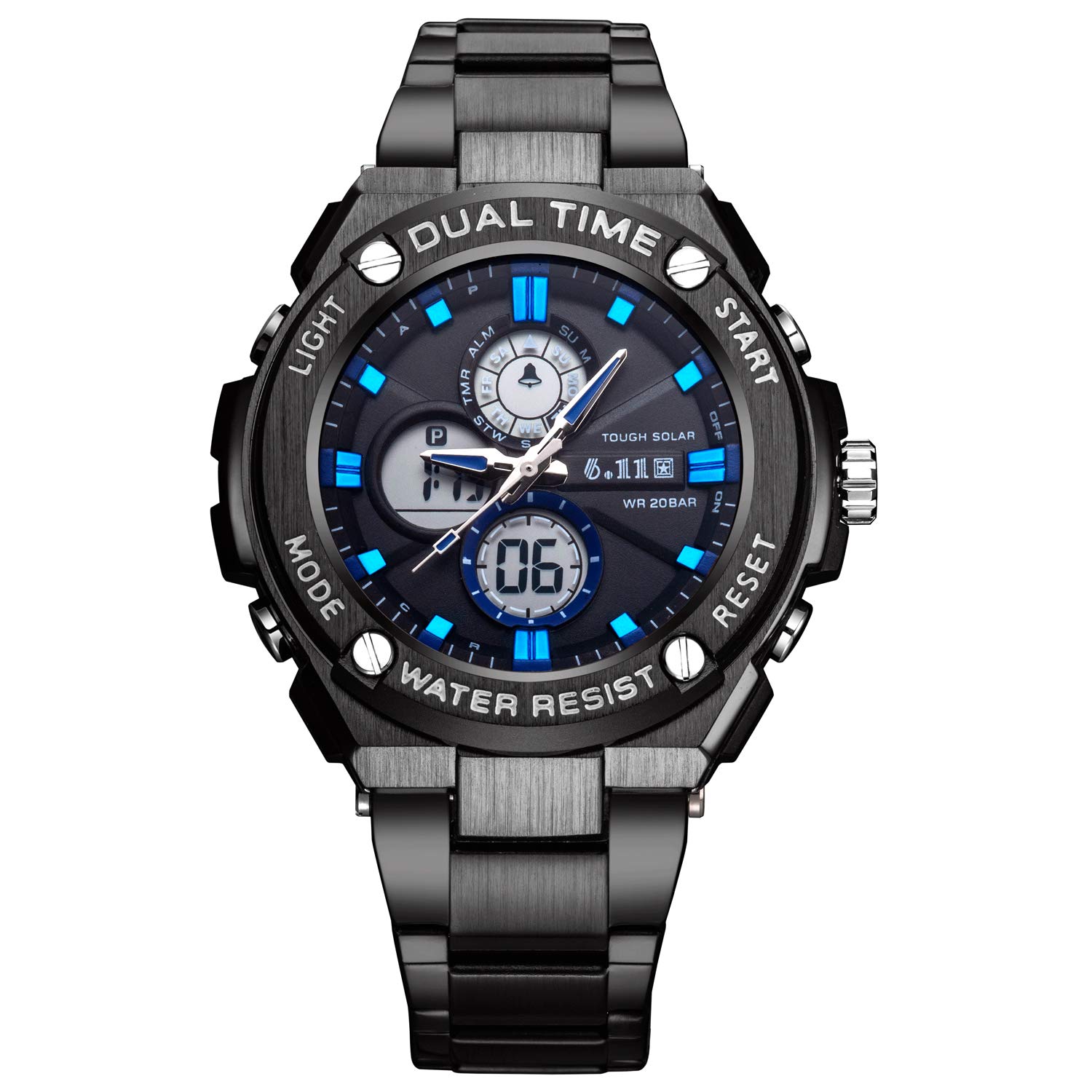 Sailine Reloj multifunción para Hombre, Doble Movimiento con 2 Zonas horarias y Correa de Acero Inoxidable, Sumergible hasta 30 m (Black-Blue)